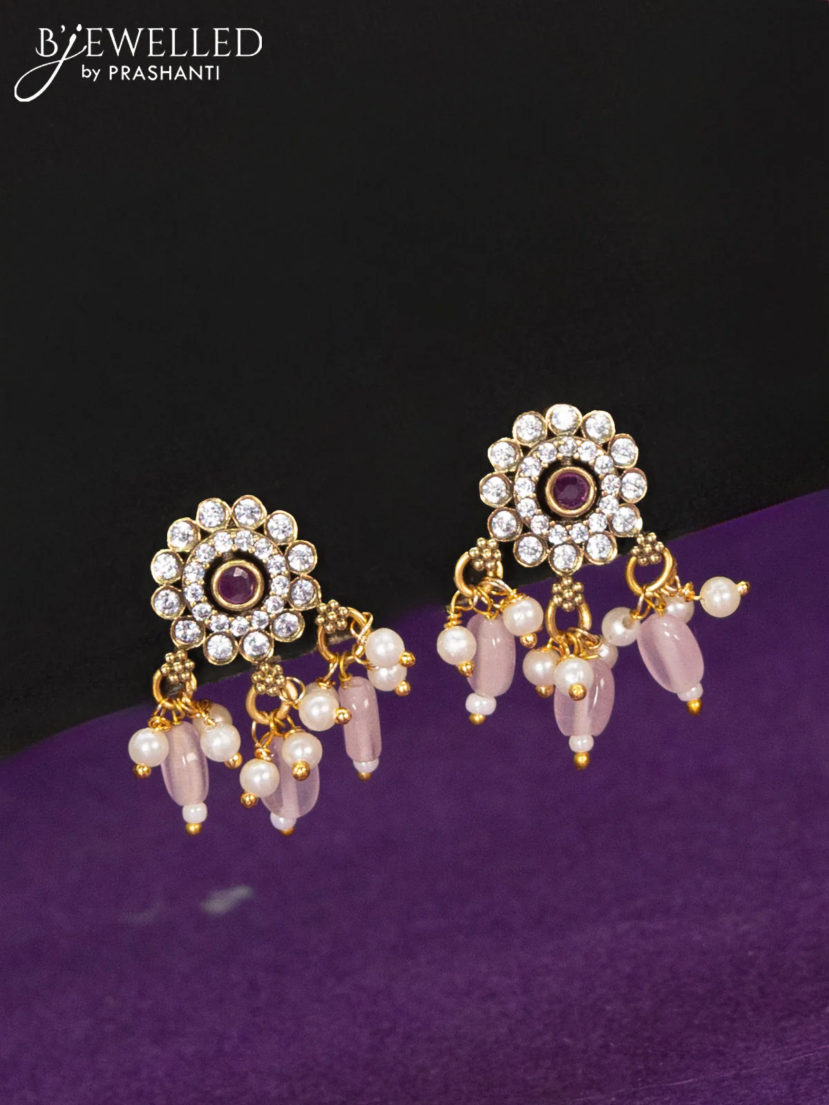 Choker elephant design with ruby & cz stones and baby pink beads hangings in victorian finish - Image 2