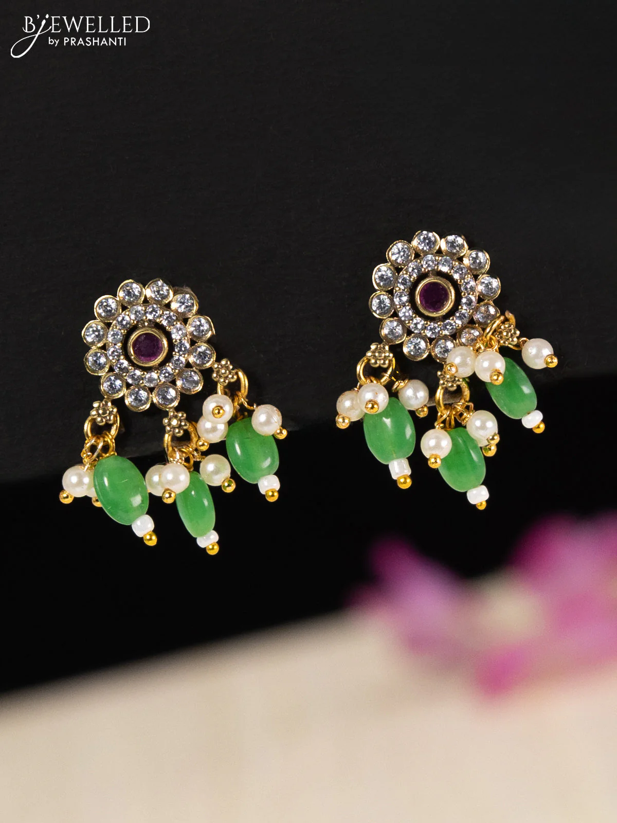 Choker elephant design with ruby & cz stones and green beads hangings in victorian finish - Image 2