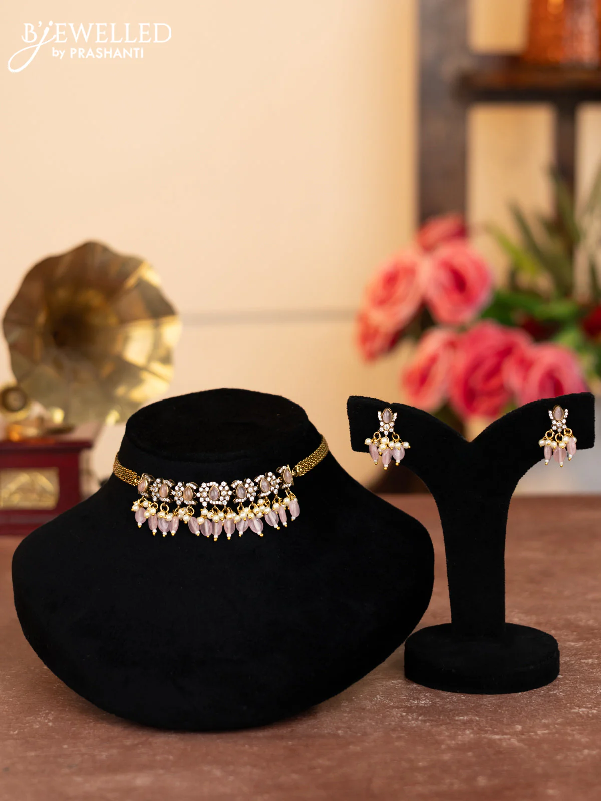 Choker with baby pink & cz stone and beads and pearl hangings
