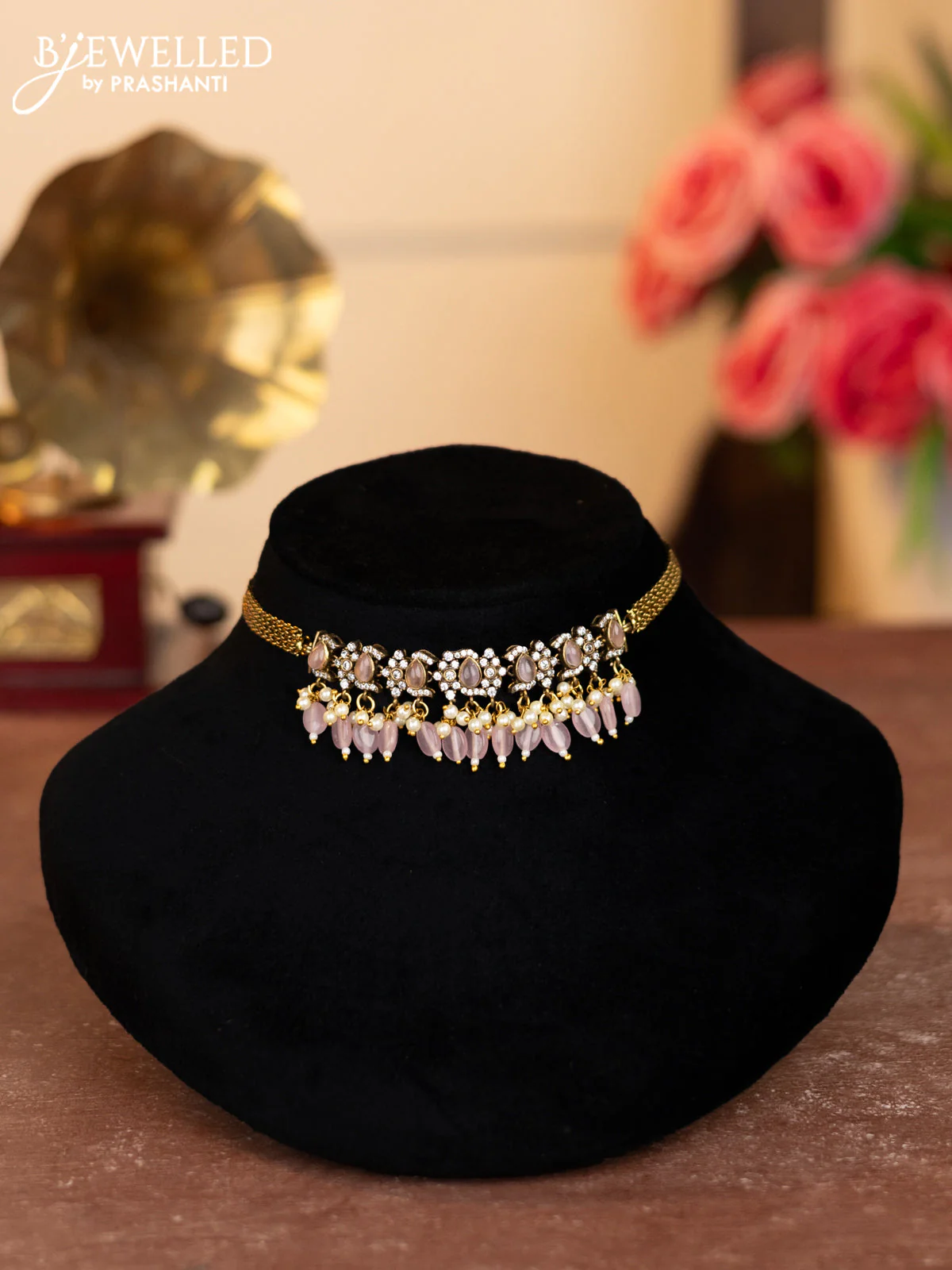 Choker with baby pink & cz stone and beads and pearl hangings - Image 2