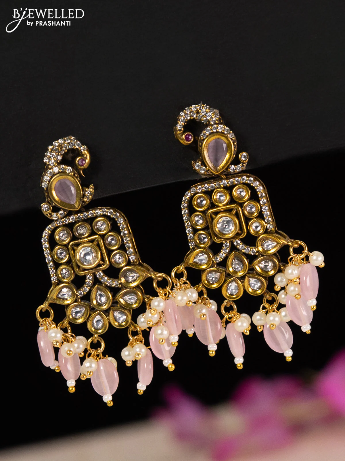 Choker with baby pink & cz stones and beads hangings in victorian finish - Image 2