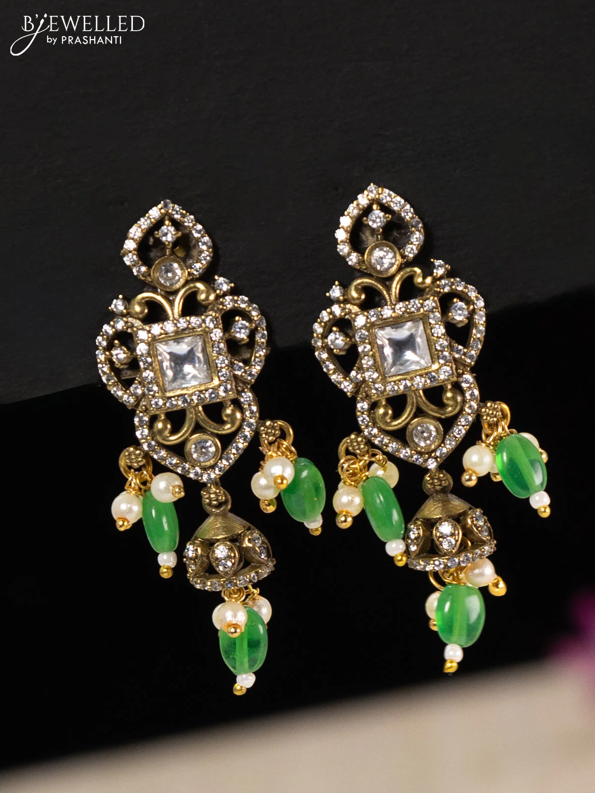 Choker with cz stones and green beads hangings in victorian finish - Image 2