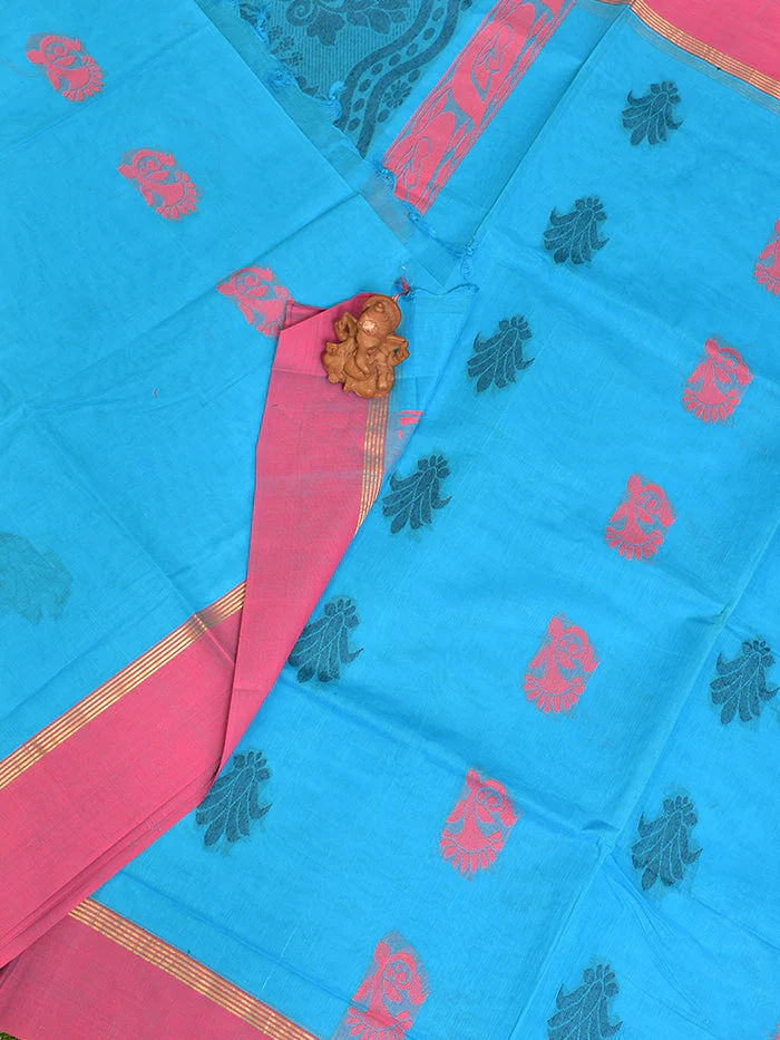 Coimbatore Cotton Blue Butta Saree with Plain Border - Image 2