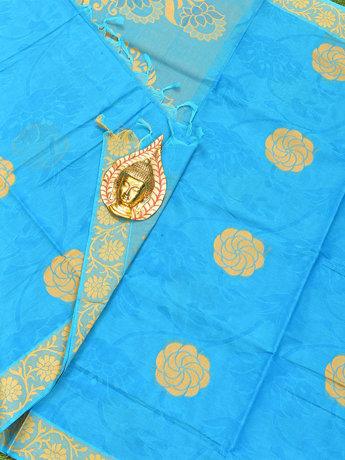 Coimbatore Cotton Blue Butta Saree with Thread Woven Border - Image 2