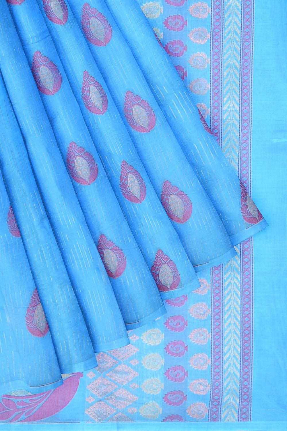 Coimbatore Cotton Blue Color Saree with Copper Zari and Thread Woven Buttas