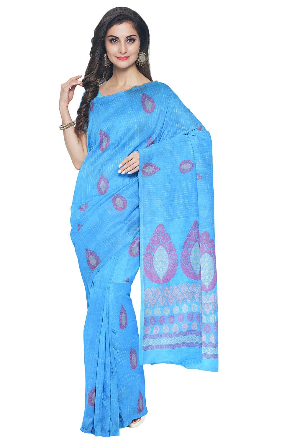 Coimbatore Cotton Blue Color Saree with Copper Zari and Thread Woven Buttas - Image 2