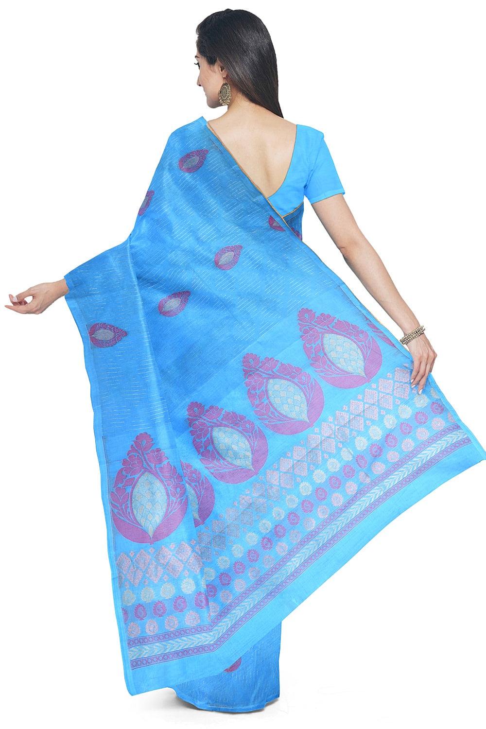 Coimbatore Cotton Blue Color Saree with Copper Zari and Thread Woven Buttas - Image 3