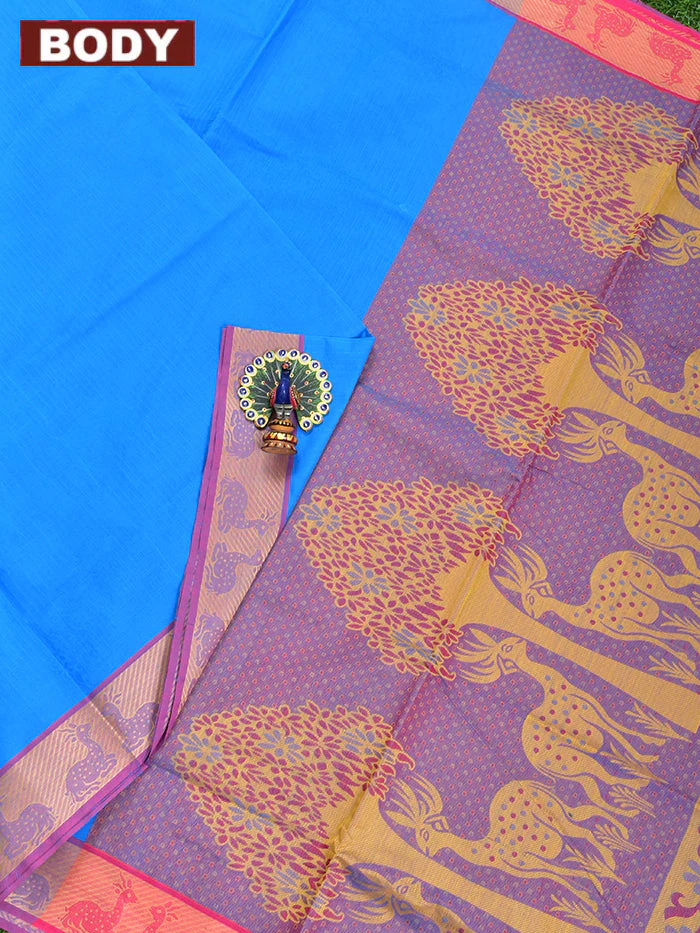 Coimbatore Cotton Blue Emboss Saree with Thread Woven Border - Image 2