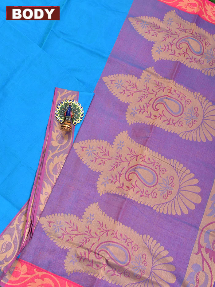 Coimbatore Cotton Blue Emboss Saree with Thread Woven Border - Image 2