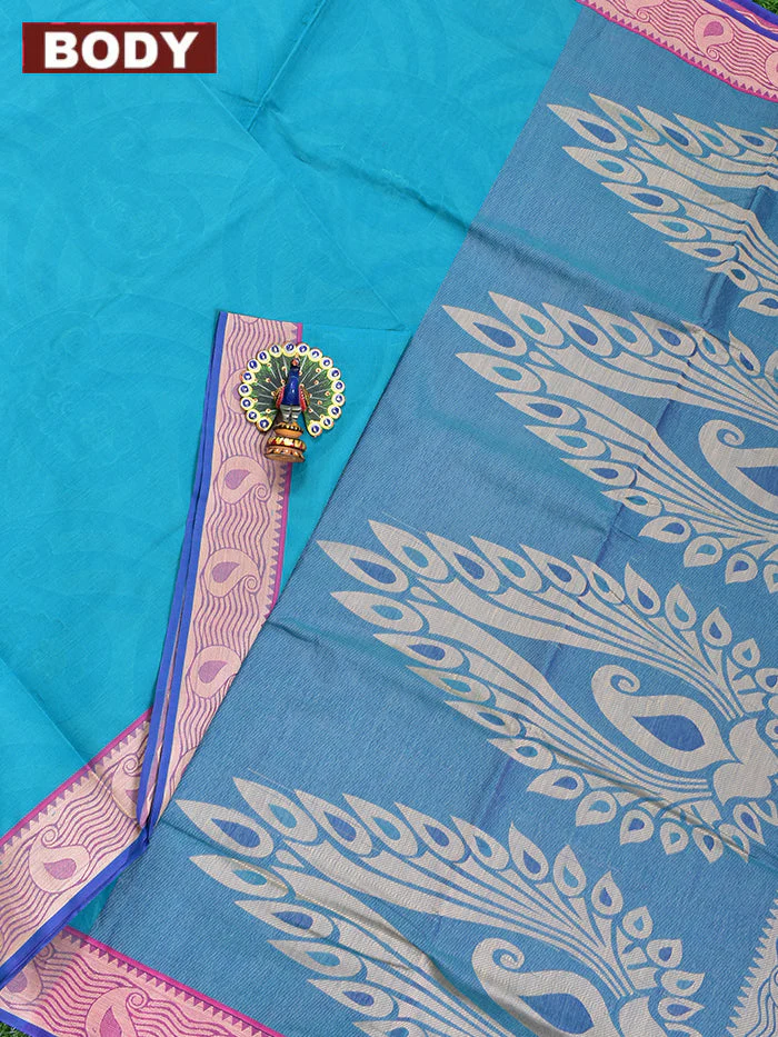 Coimbatore Cotton Blue Emboss Saree with Thread Woven Border - Image 2