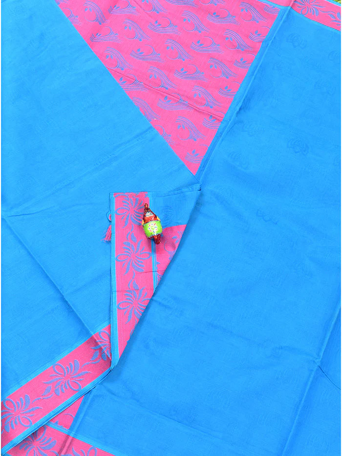 Coimbatore Cotton Blue Emboss Saree with Thread Woven Border - Image 2