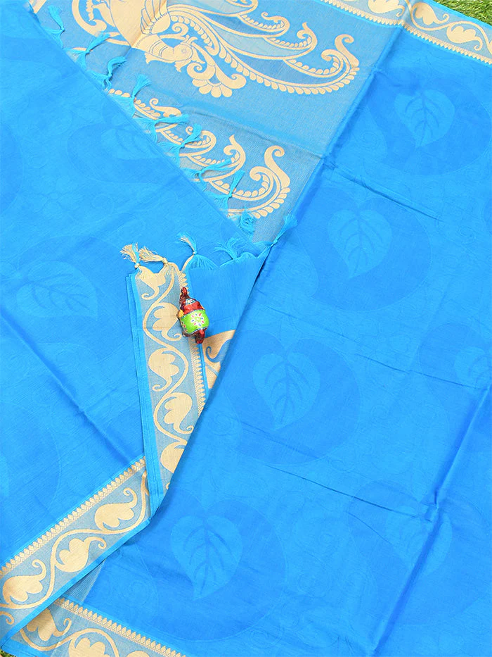 Coimbatore Cotton Blue Emboss Saree with Thread Woven Border - Image 2
