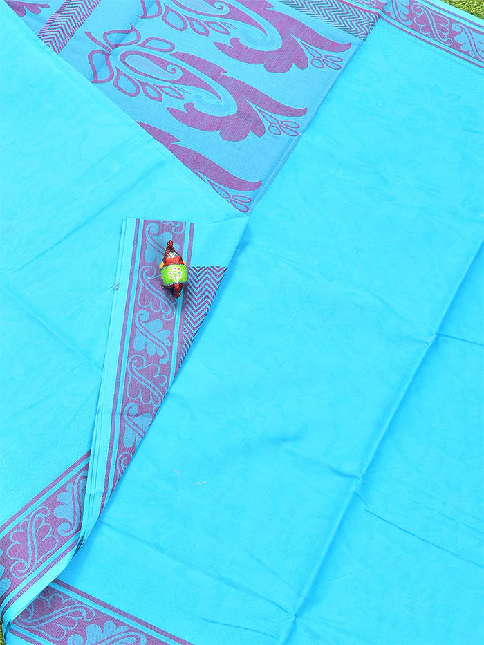 Coimbatore Cotton Blue Emboss Saree with Thread Woven Border - Image 2