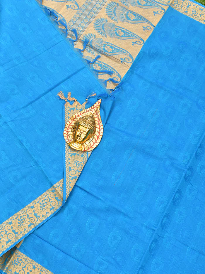 Coimbatore Cotton Blue Emboss Saree with Thread Woven Border - Image 2