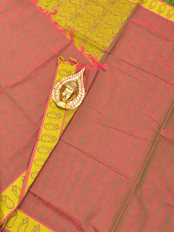 Coimbatore Cotton Brown and Green Shade Emboss Saree with Thread Woven Border - Image 2