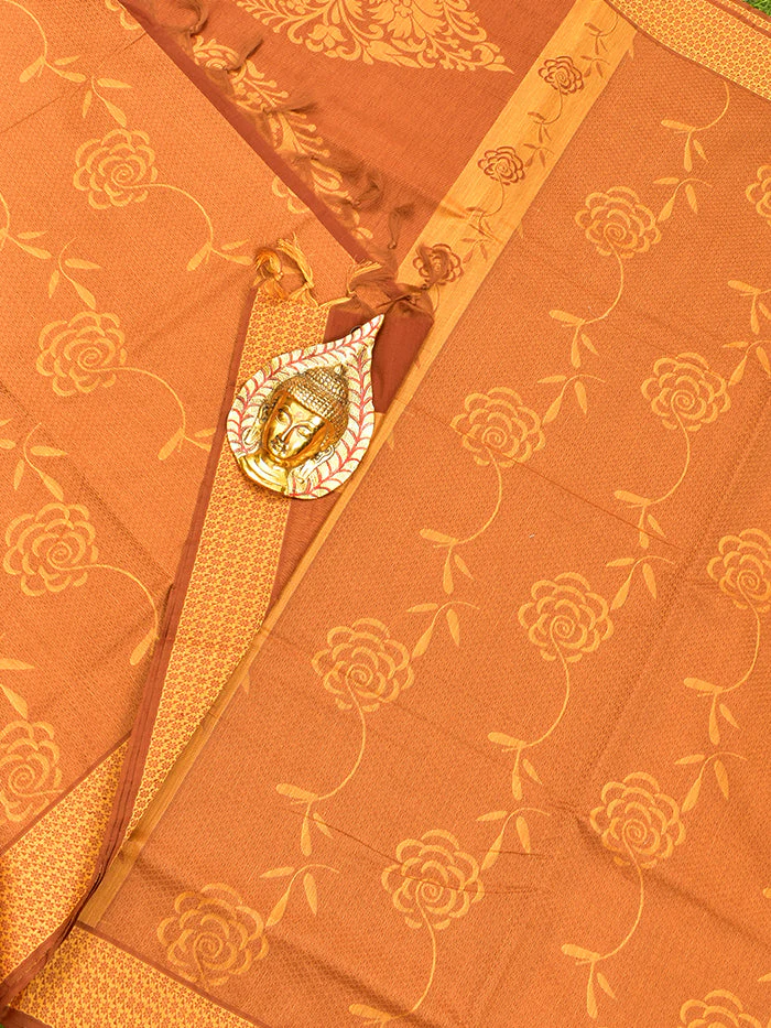 Coimbatore Cotton Brown and Sandal and Green Shade Allself Saree with Thread Woven Border - Image 2