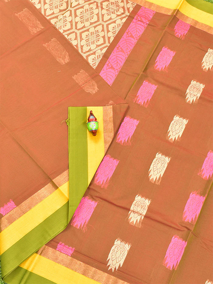Coimbatore Cotton Brown Butta Saree with Plain Border - Image 2