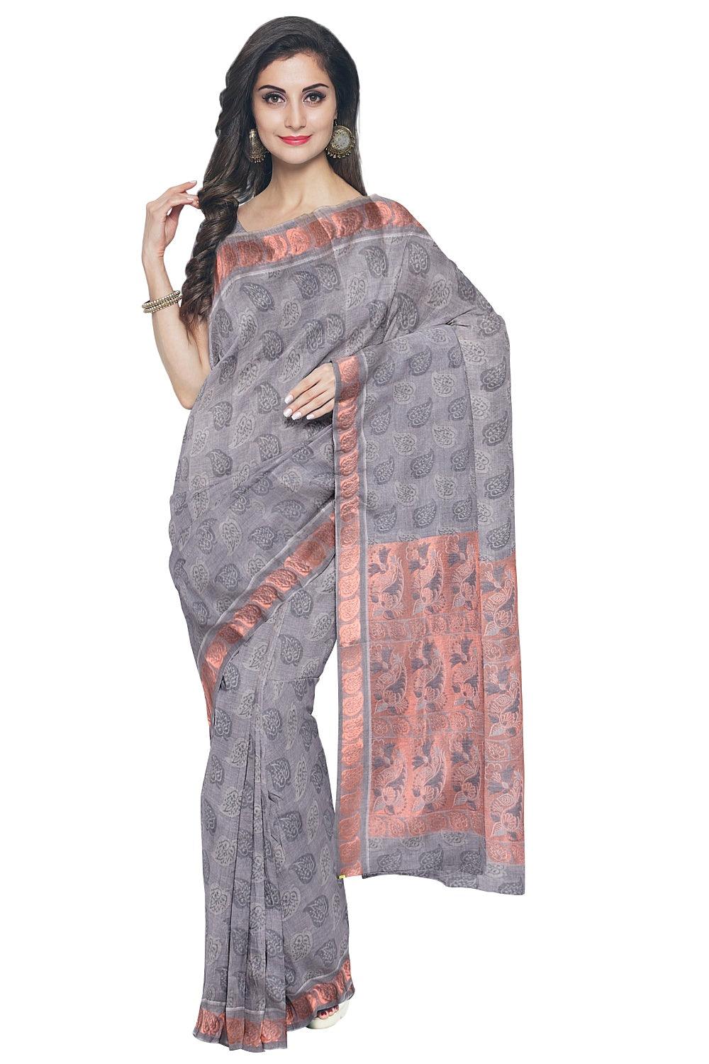 Coimbatore Cotton Copper Zari Saree - Grey - Image 2