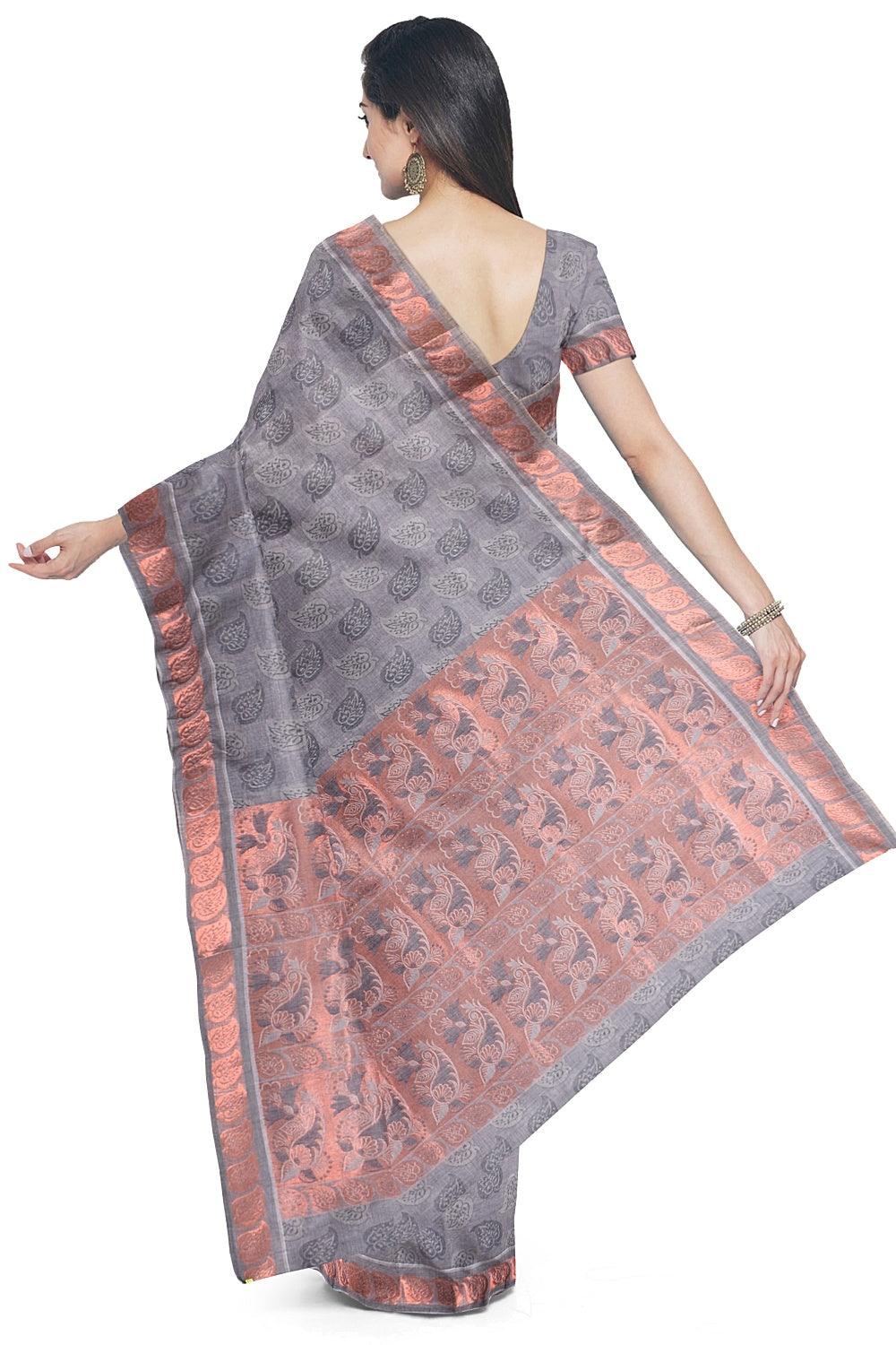 Coimbatore Cotton Copper Zari Saree - Grey - Image 3