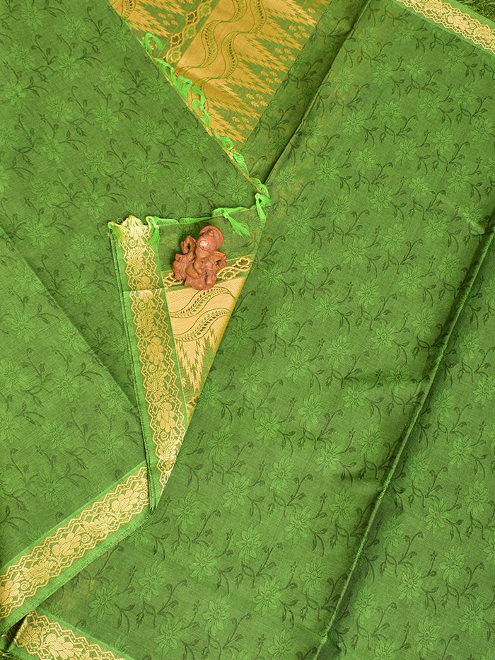 Coimbatore Cotton Dark Green Emboss Saree with Thread Woven Border - Image 2