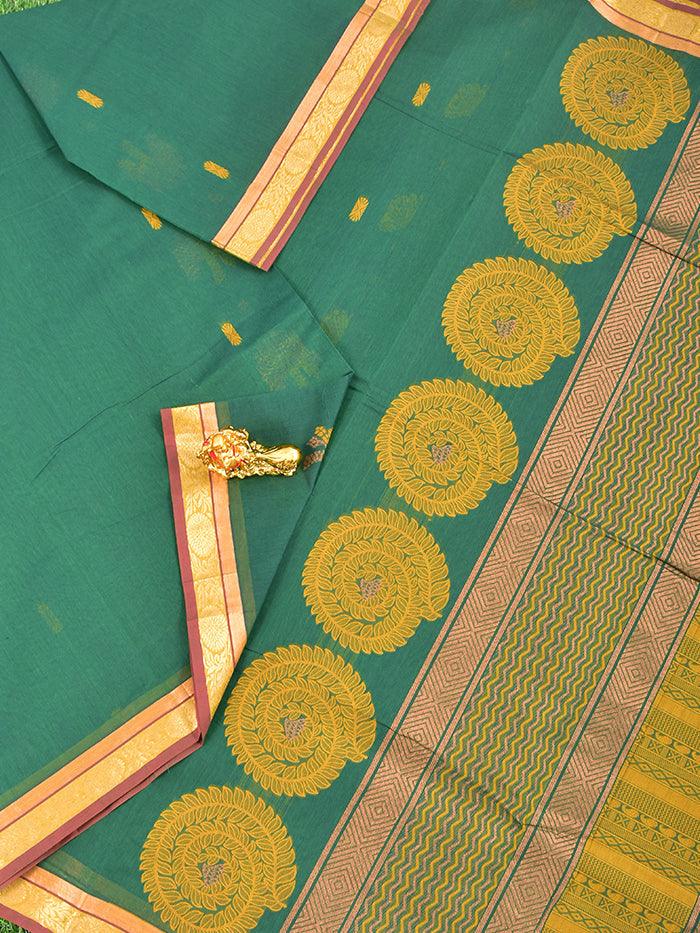Coimbatore Cotton Dark Green Saree with Copper Zari and Thread Woven Buttas and Zari Border - Image 2