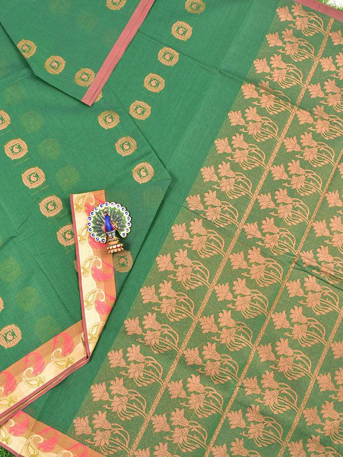 Coimbatore Cotton Dark Green Saree with Copper Zari Woven Buttas and Thread Woven Border - Image 2