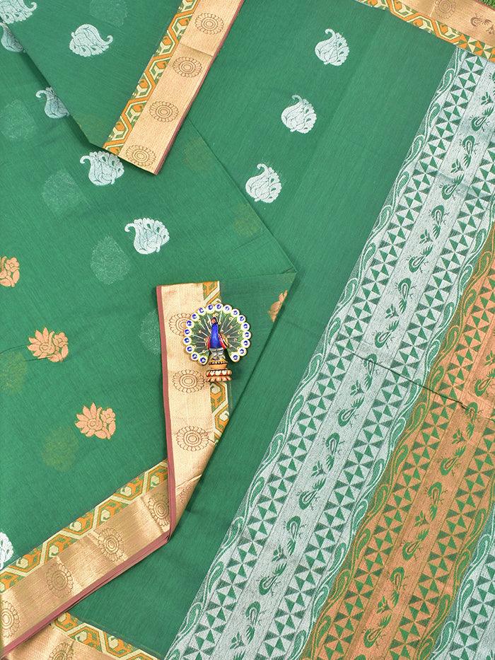 Coimbatore Cotton Dark Green Saree with Silver and Copper Zari Woven Buttas and Zari Woven Border - Image 2