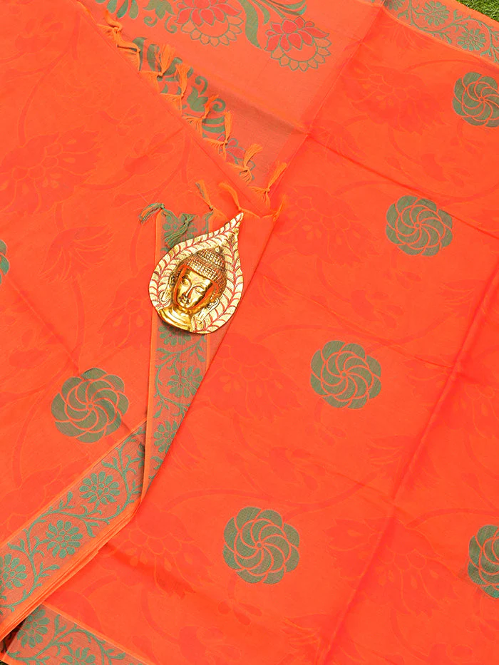 Coimbatore Cotton Dark Orange Butta Saree with Thread Woven Border - Image 2