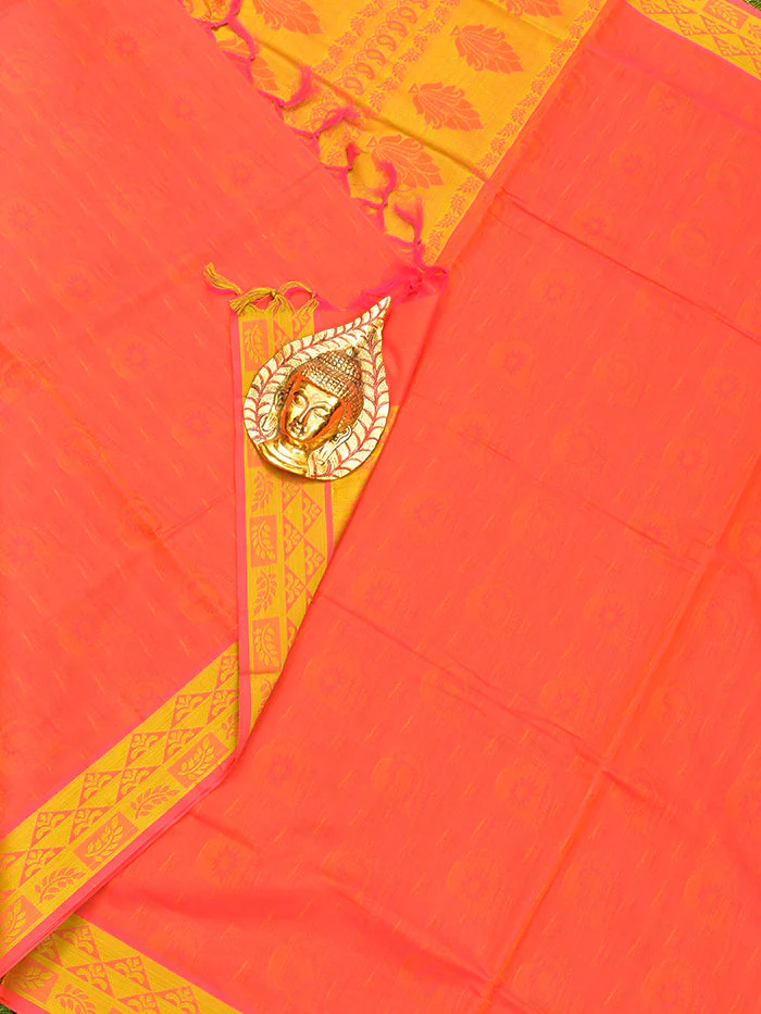 Coimbatore Cotton Dark Orange Emboss Saree with Thread Woven Border - Image 2