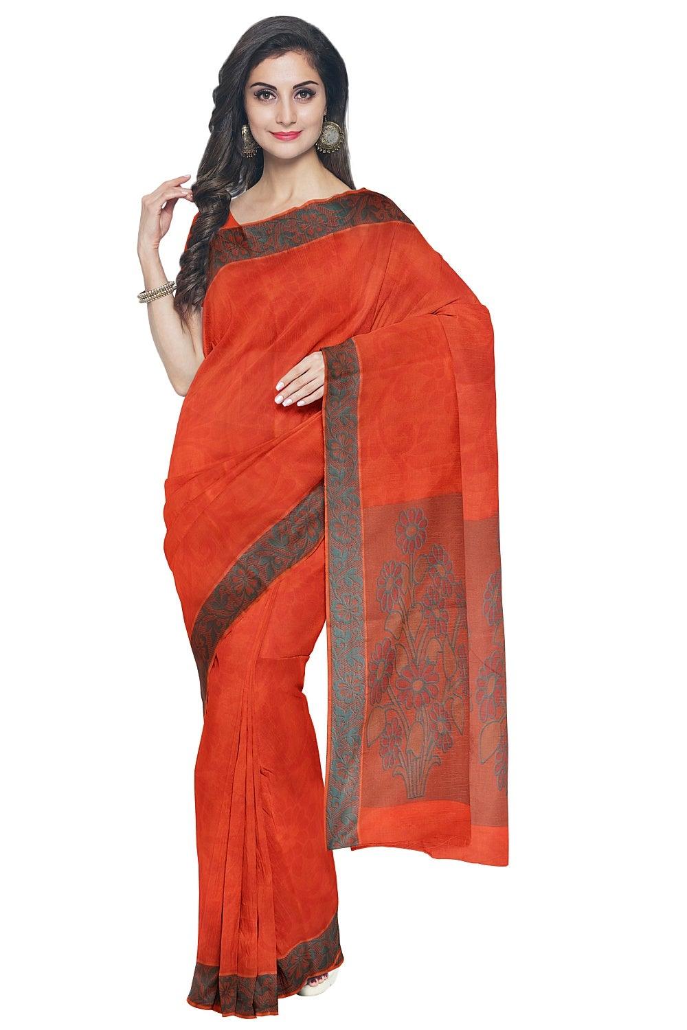 Coimbatore Cotton Emboss Saree - Dark Orange - Image 2