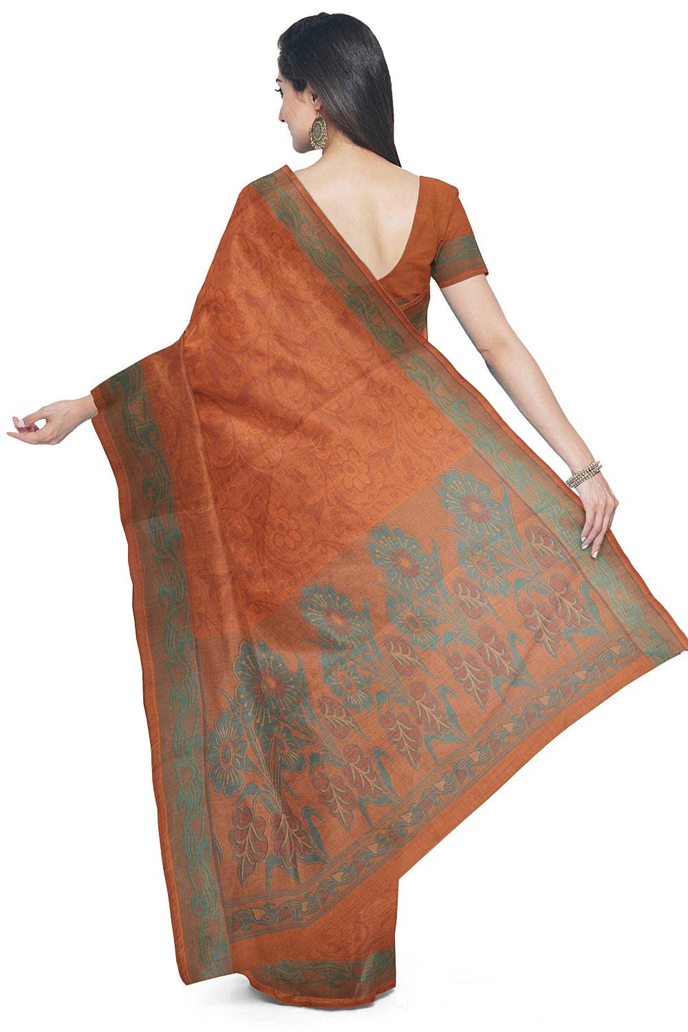 Coimbatore Cotton Emboss Saree - Orange - Image 3