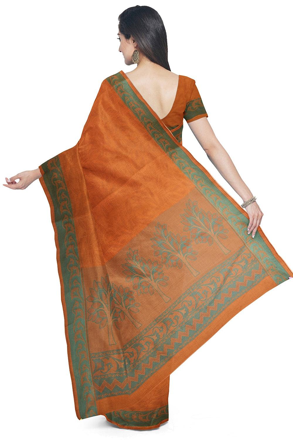 Coimbatore Cotton Emboss Saree - Orange - Image 3