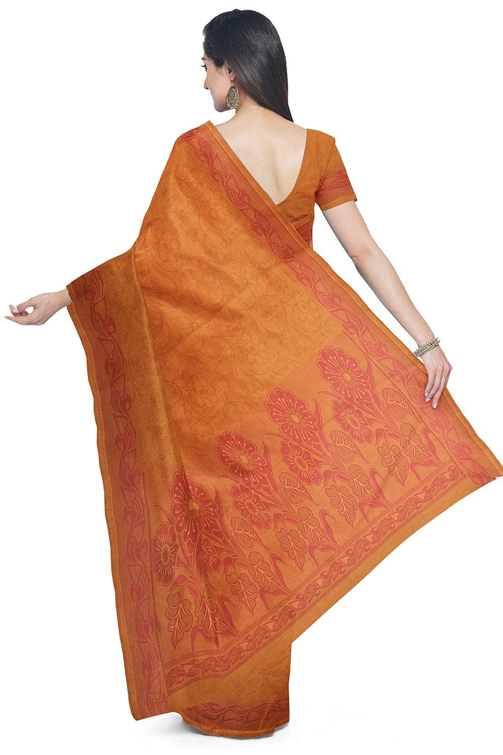 Coimbatore Cotton Emboss Saree - Orange - Image 3
