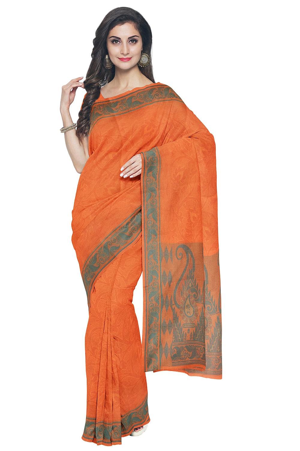 Coimbatore Cotton Emboss Saree - Orange - Image 2