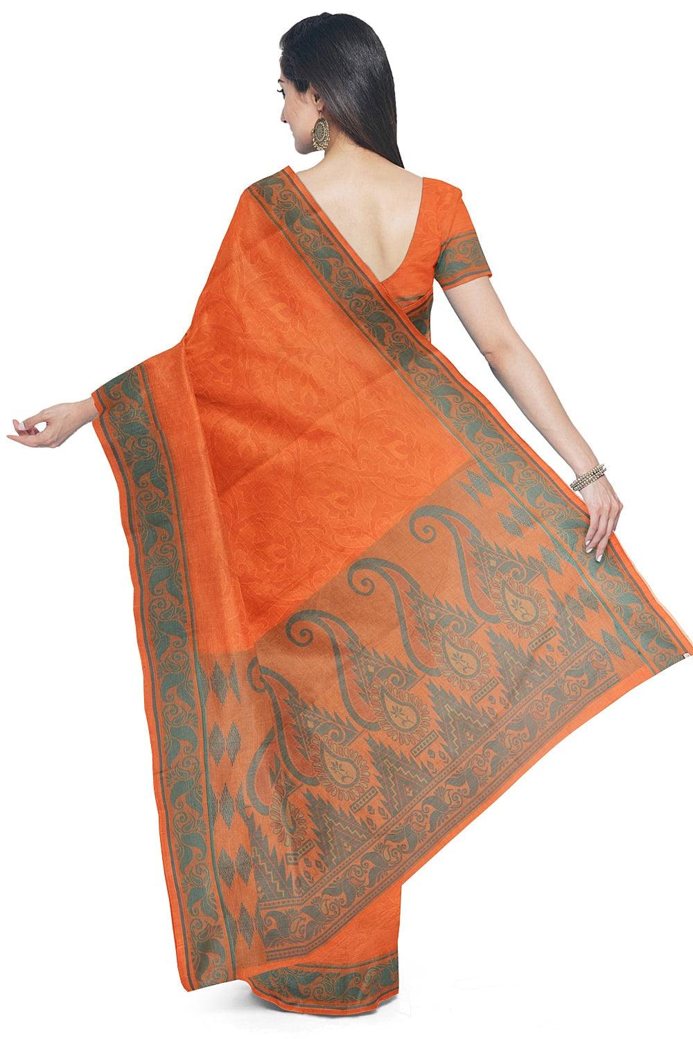 Coimbatore Cotton Emboss Saree - Orange - Image 3