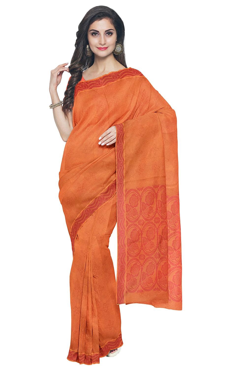 Coimbatore Cotton Emboss Saree - Orange - Image 2