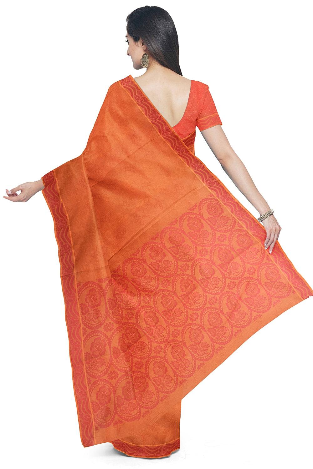 Coimbatore Cotton Emboss Saree - Orange - Image 3