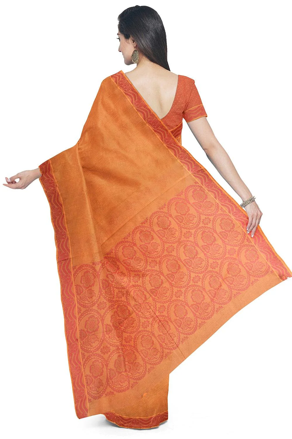 Coimbatore Cotton Emboss Saree - Orange - Image 3
