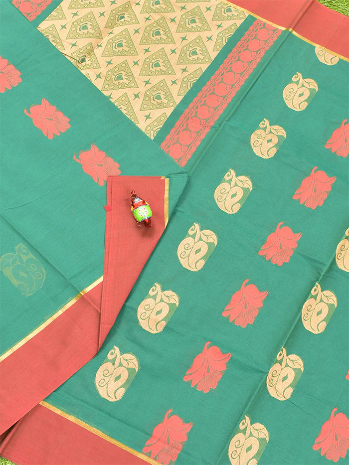 Coimbatore Cotton Green Butta Saree with Plain Border - Image 2