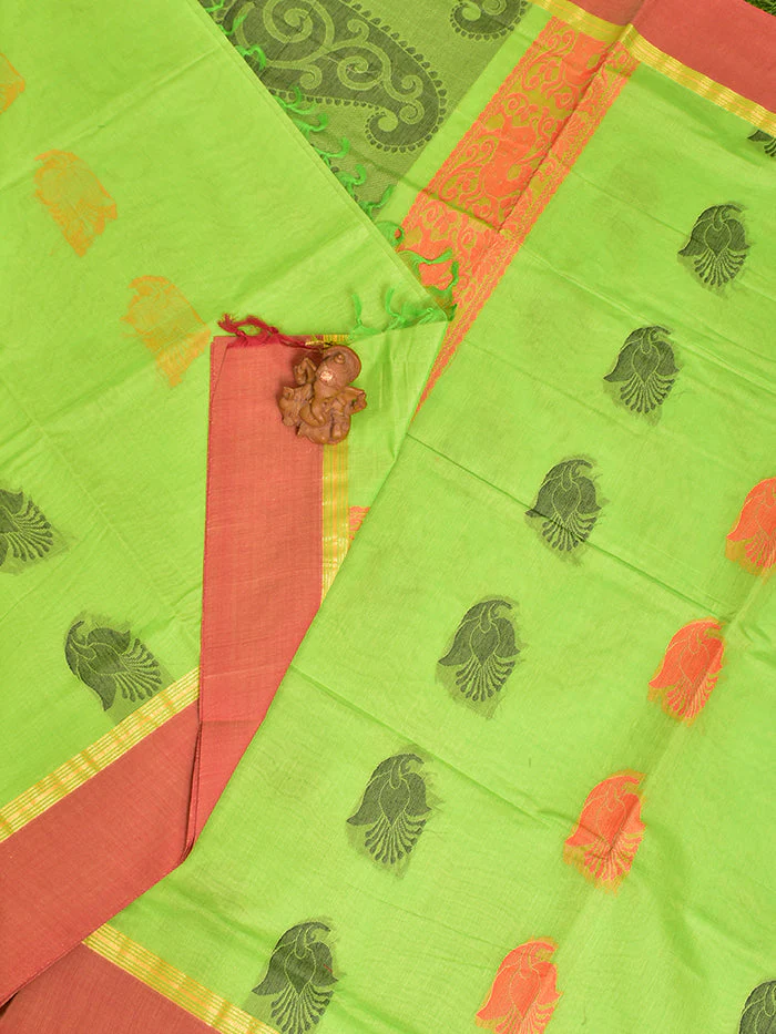 Coimbatore Cotton Green Butta Saree with Plain Border - Image 2
