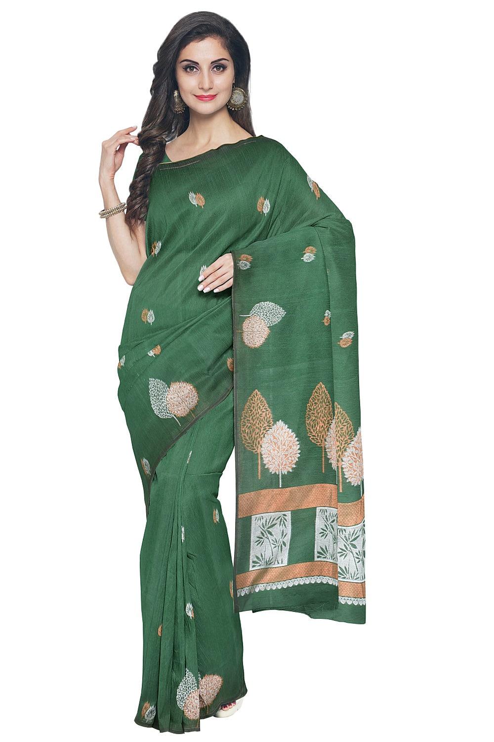 Coimbatore Cotton Green Color Saree with Copper and Silver Zari Woven Buttas - Image 2