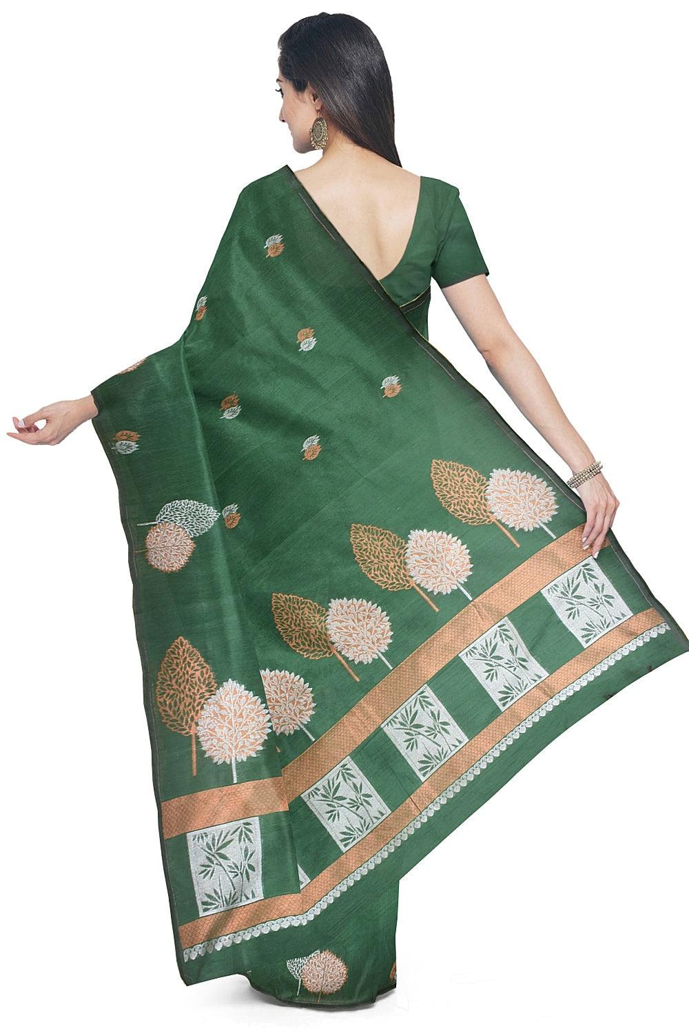 Coimbatore Cotton Green Color Saree with Copper and Silver Zari Woven Buttas - Image 3