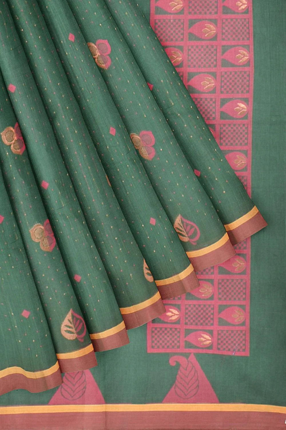 Coimbatore Cotton Green Color Saree with Copper Zari and Thread Woven Buttas