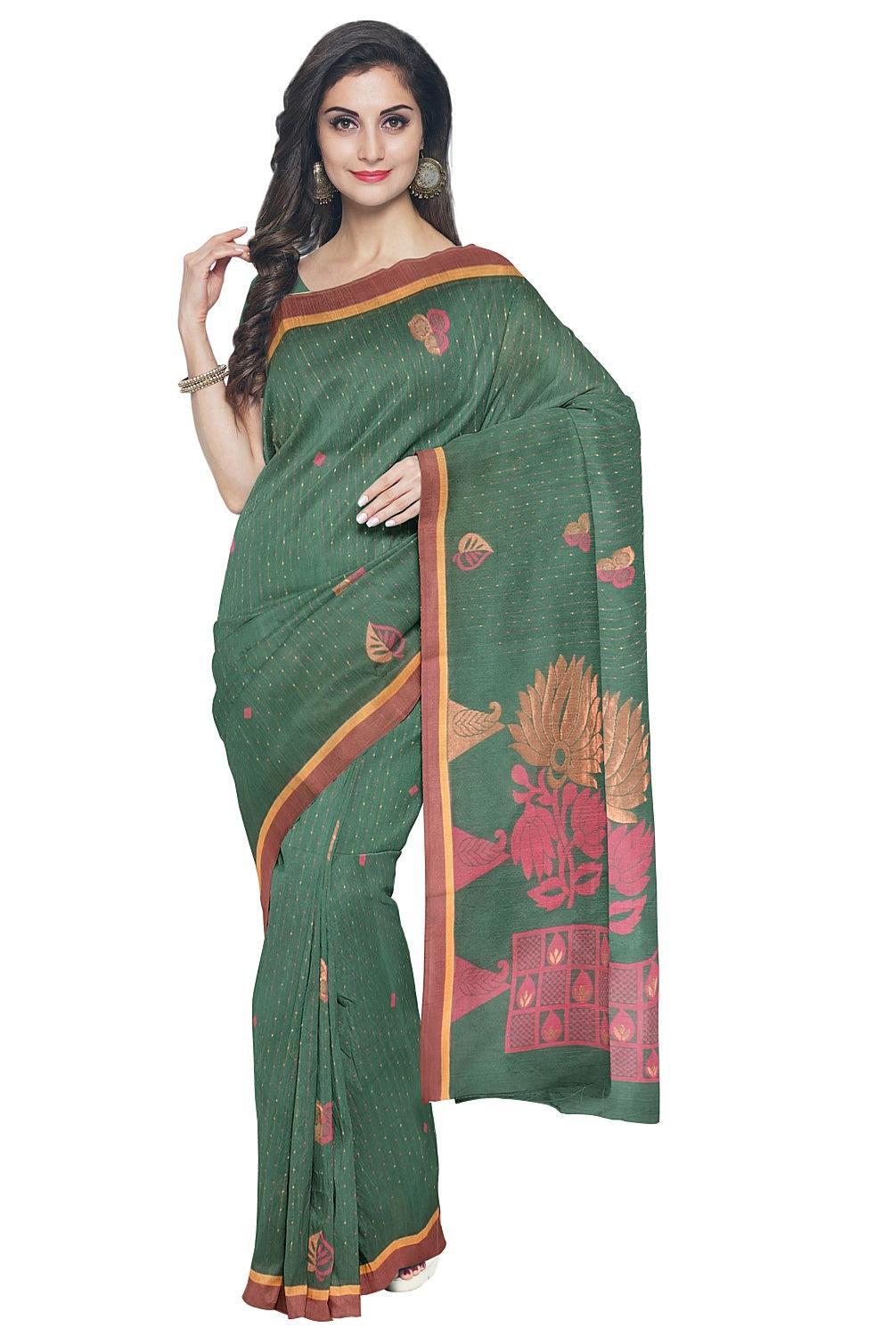 Coimbatore Cotton Green Color Saree with Copper Zari and Thread Woven Buttas - Image 2