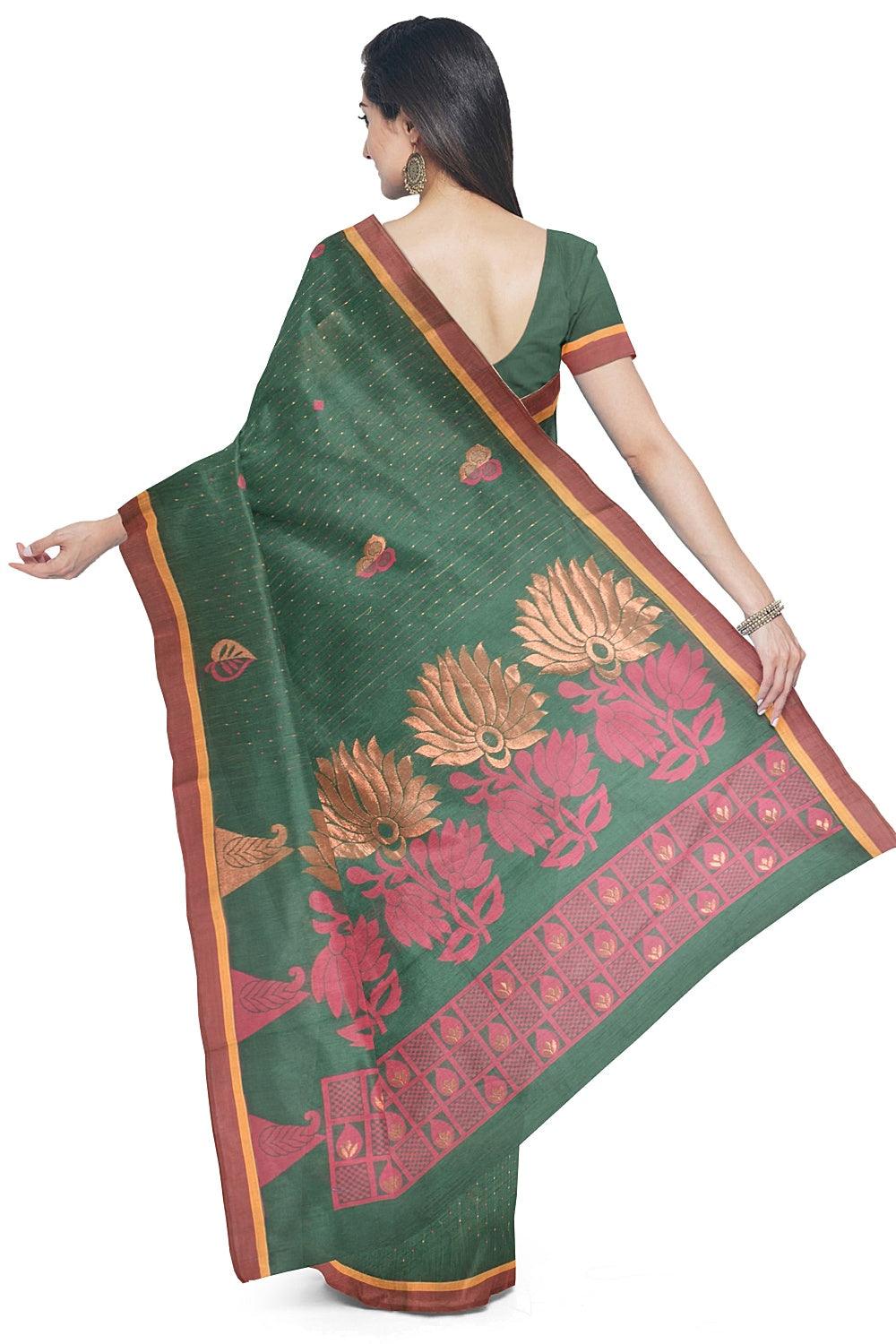 Coimbatore Cotton Green Color Saree with Copper Zari and Thread Woven Buttas - Image 3