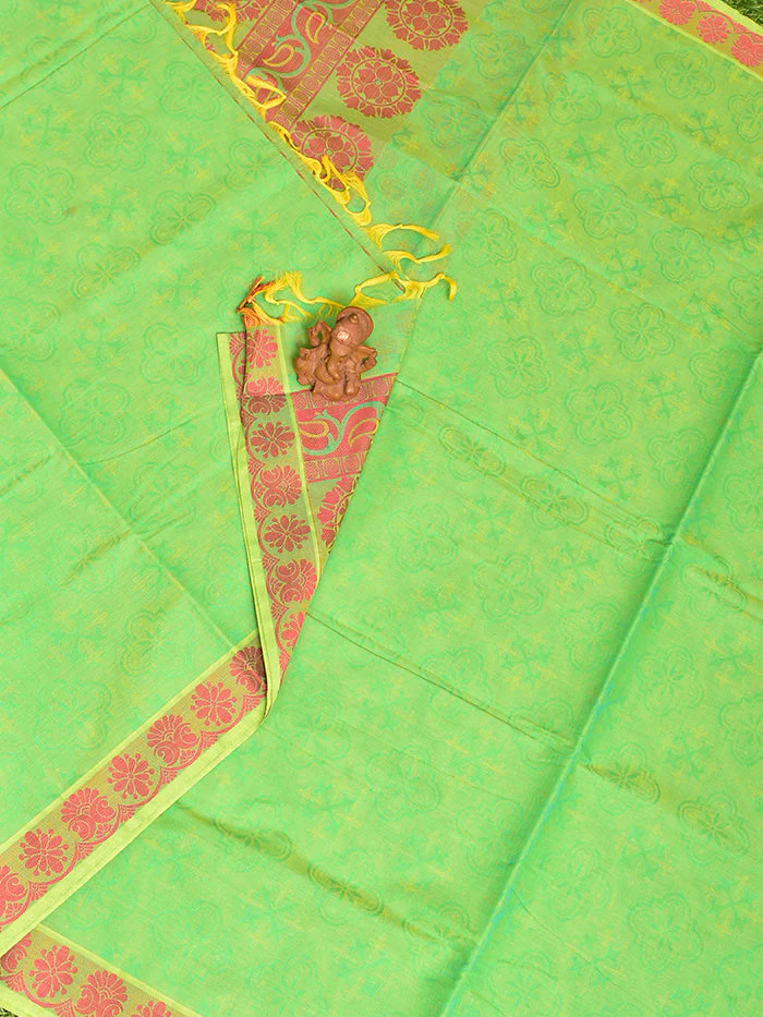 Coimbatore Cotton Green Emboss Saree with Thread Woven Border - Image 2