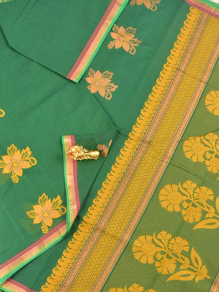 Coimbatore Cotton Green Saree with Copper Zari and Thread Woven Buttas and Simple Border - Image 2