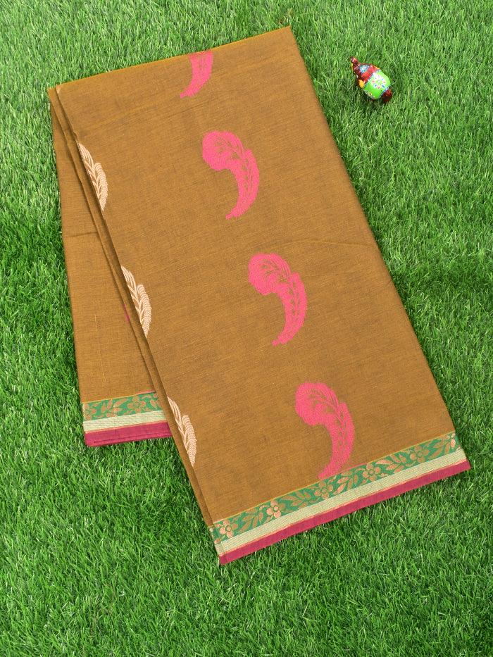 Coimbatore Cotton Khaki Saree with Thread Woven Buttas and Zari Woven Border