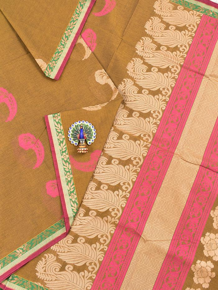 Coimbatore Cotton Khaki Saree with Thread Woven Buttas and Zari Woven Border - Image 2