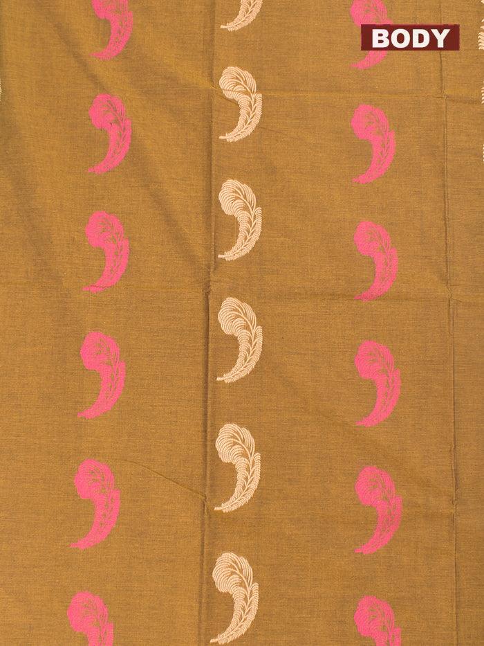 Coimbatore Cotton Khaki Saree with Thread Woven Buttas and Zari Woven Border - Image 3